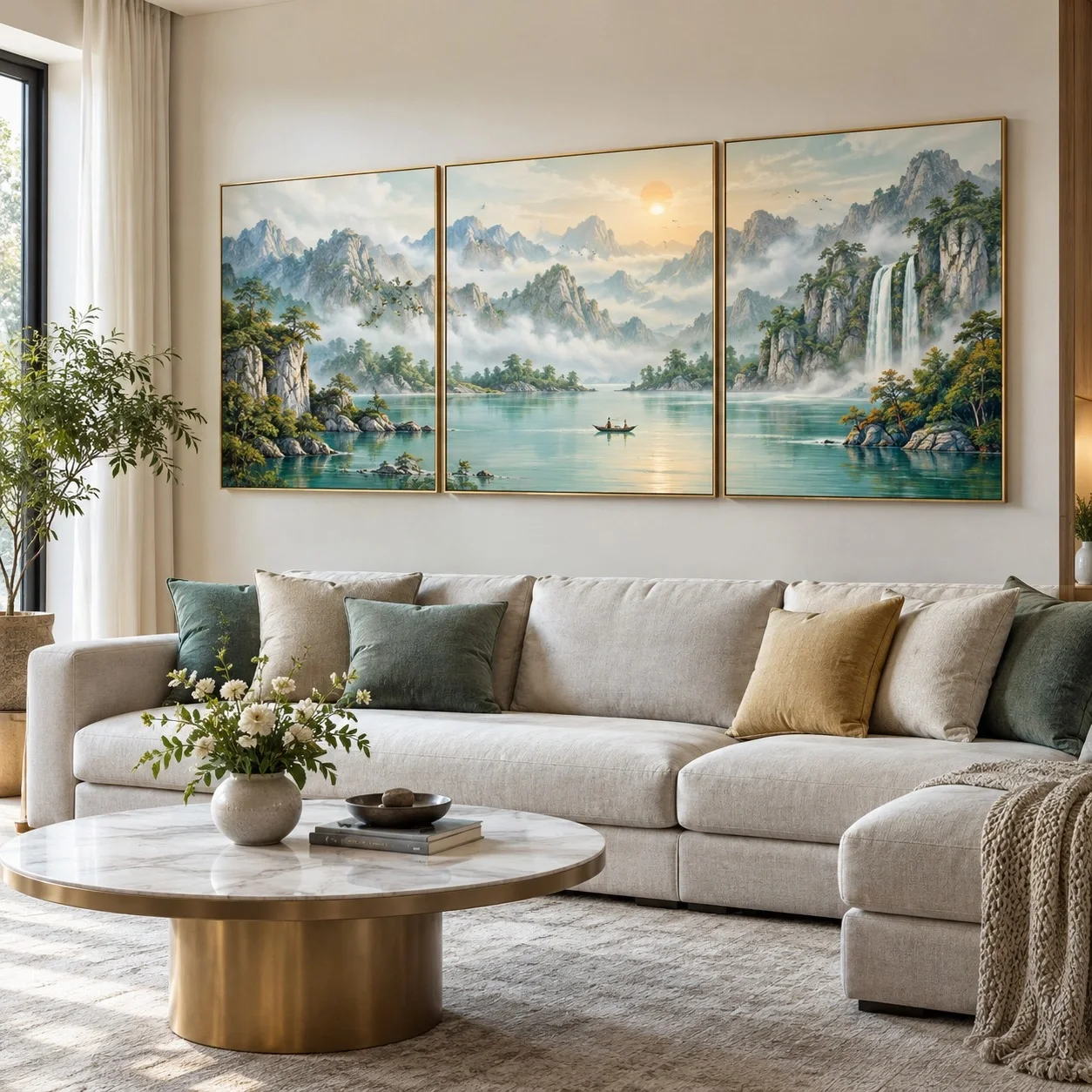 Tranh in theo yêu cầu Sơn Thủy Tụ Khí Bộ 3 tấm - phòng khách