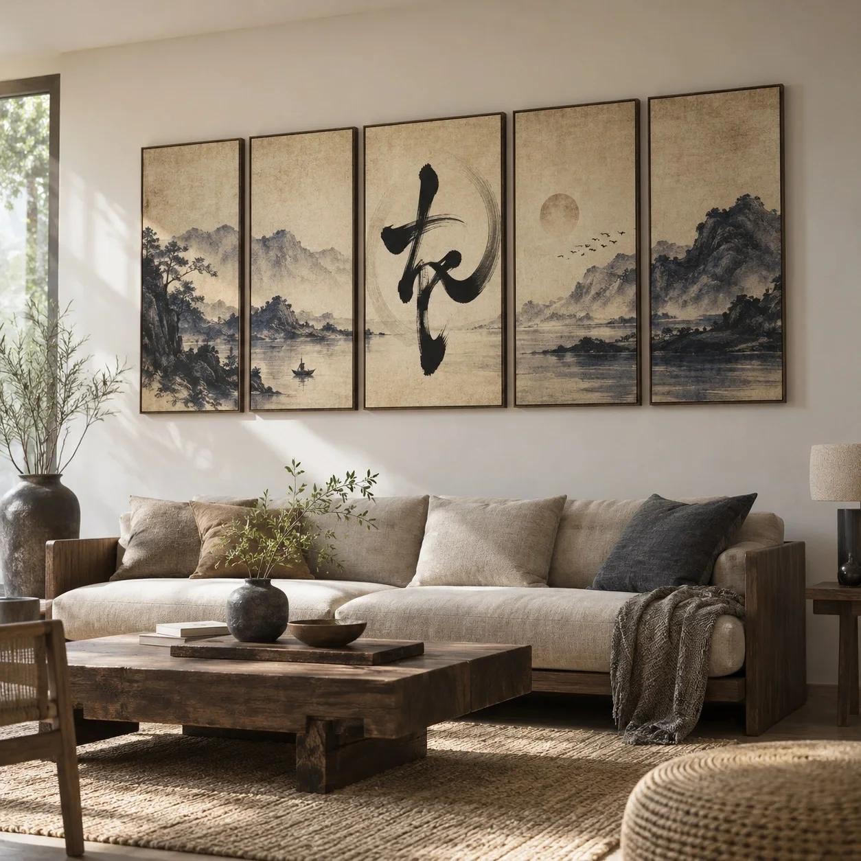 Tranh in theo yêu cầu Thư pháp Tông Màu Trung Tính Bộ 5 tấm - phòng khách