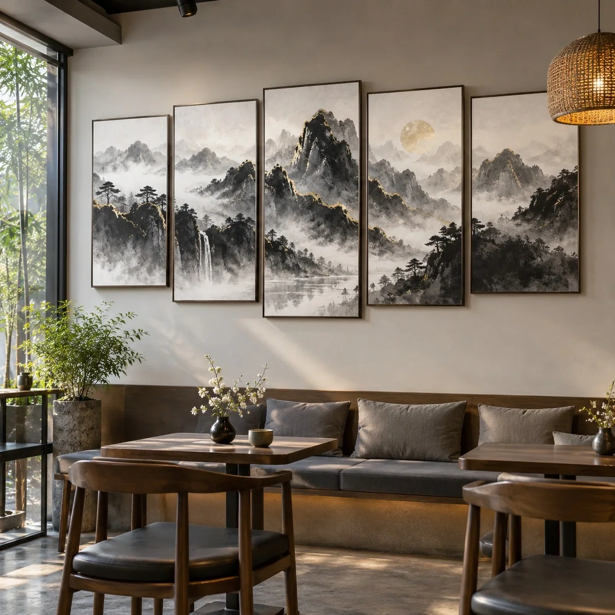 Tranh in theo yêu cầu Thủy mặc Phiên Bản Sang Trọng Bộ 5 tấm - quán cà phê hoặc trà sữa