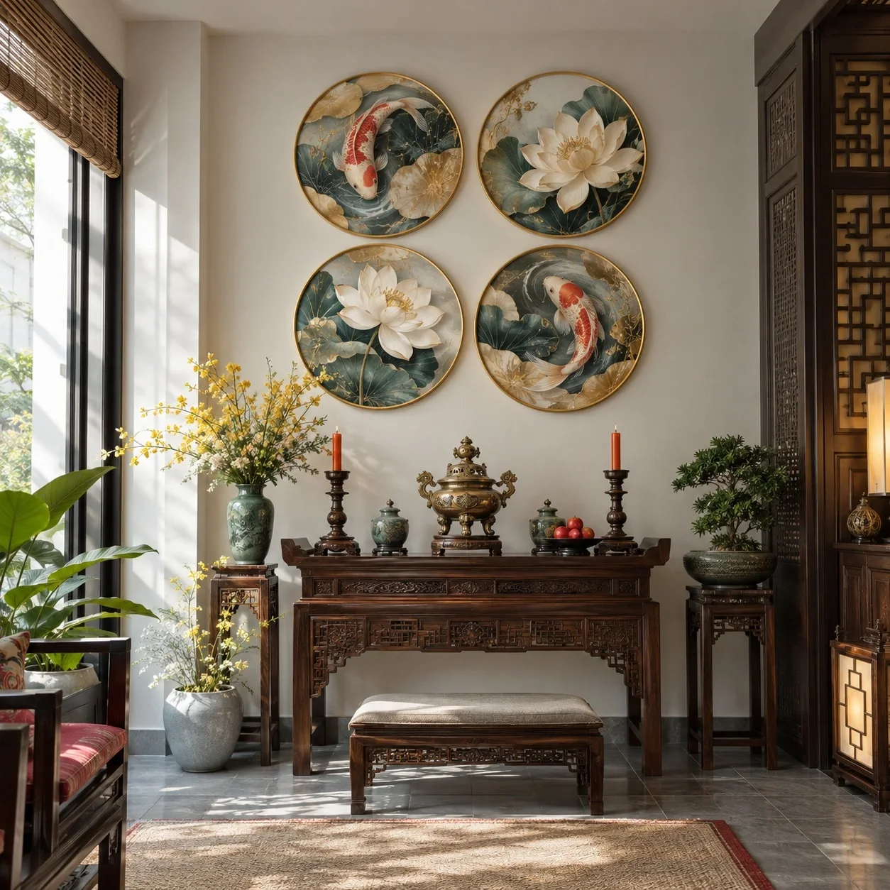 Tranh Piclove Cá Koi Tông Màu Trung Tính Bộ 4 tấm - phòng thờ